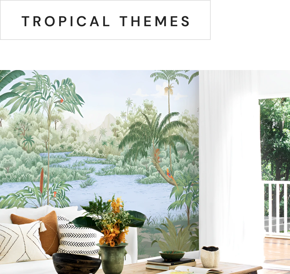 Living room with tropical wallpaper look